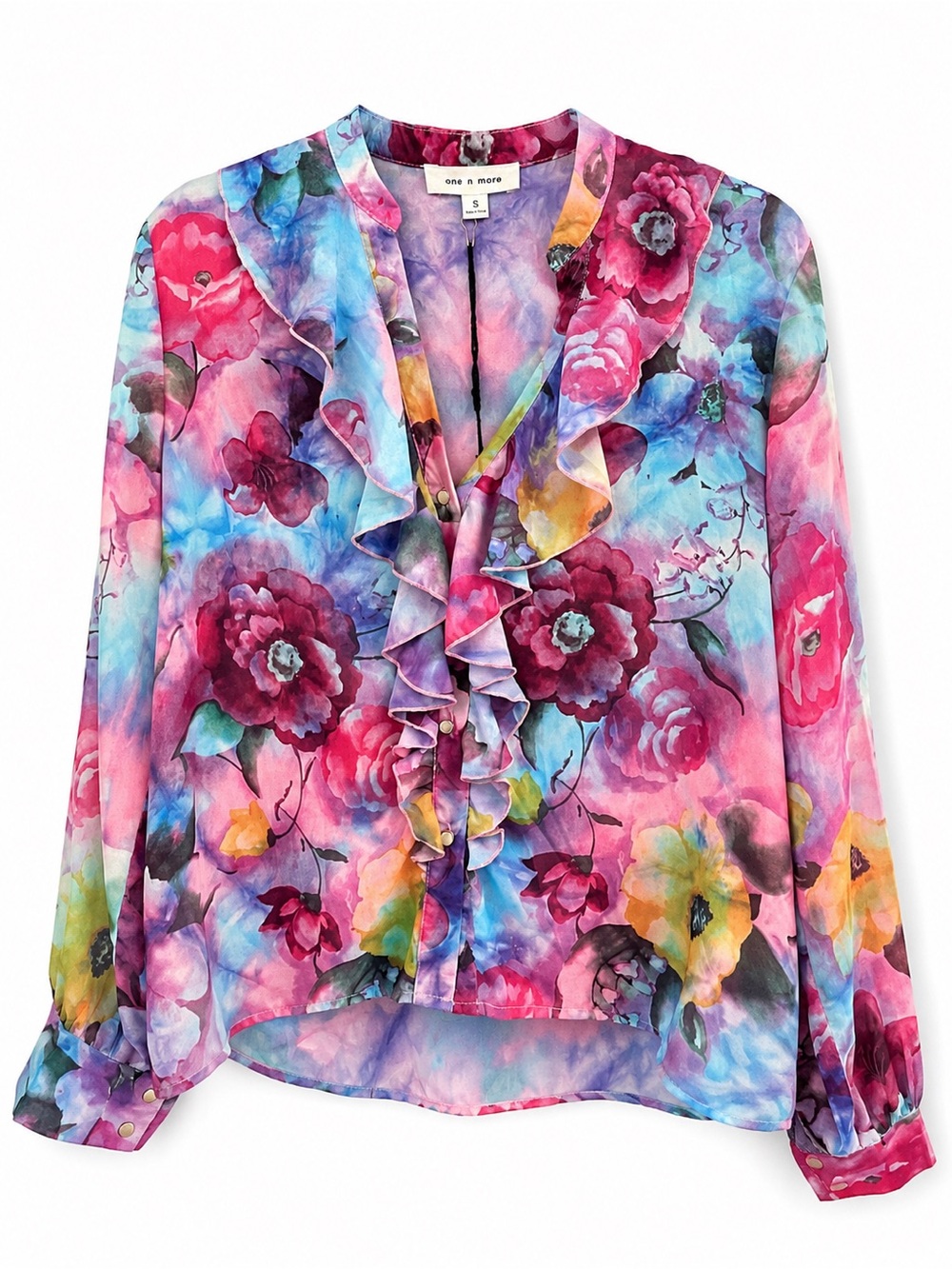 NWT One N More Watercolor Floral Ruffle Blouse Small High Low